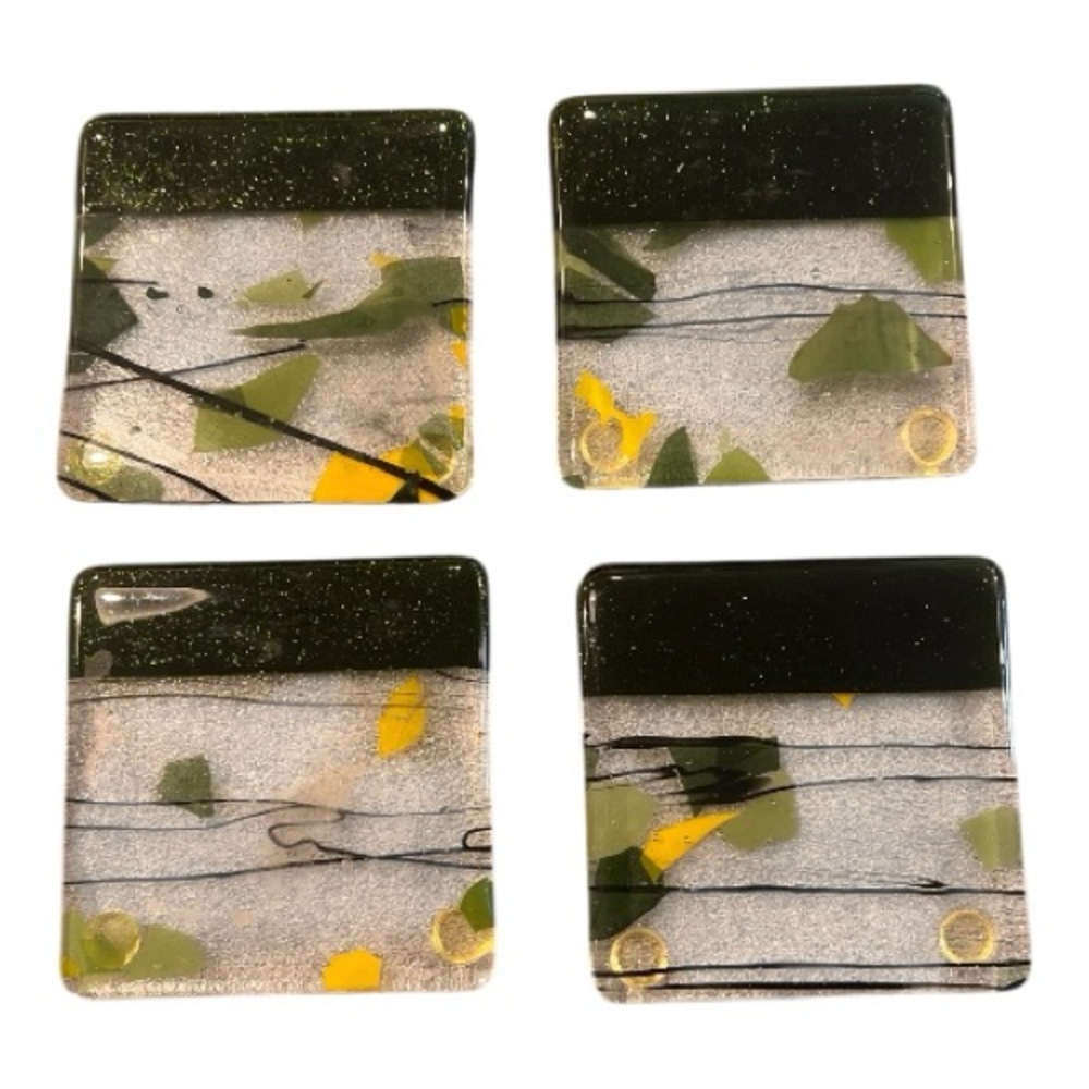 4 Signed square Dichroic art Glass Coasters drink bar colorful party by paradise
